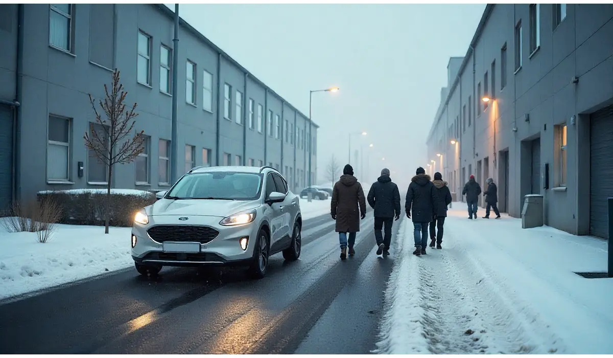 Ford motor layoffs news with workers leaving a snowy factory street beside a Ford vehicle.
