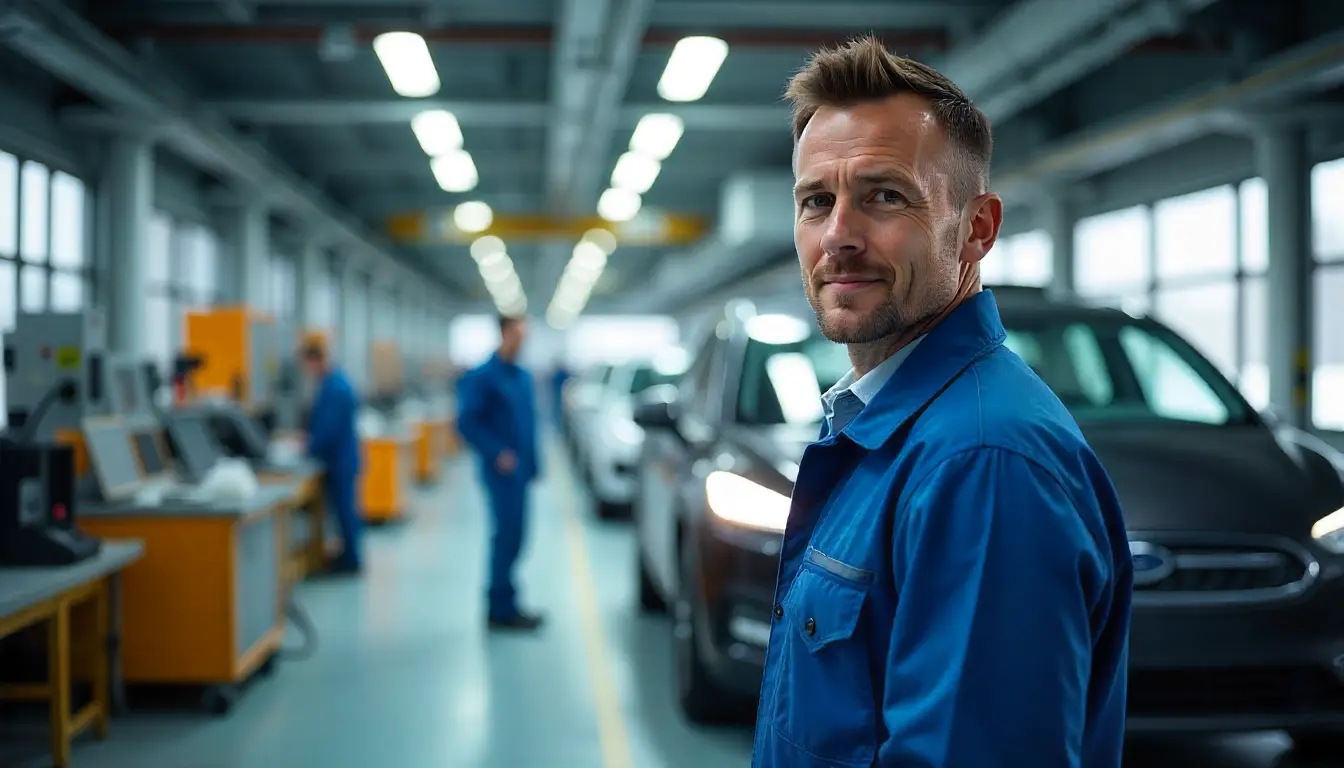 Ford motor layoffs news showing a factory worker in blue uniform inside a Ford manufacturing plant.