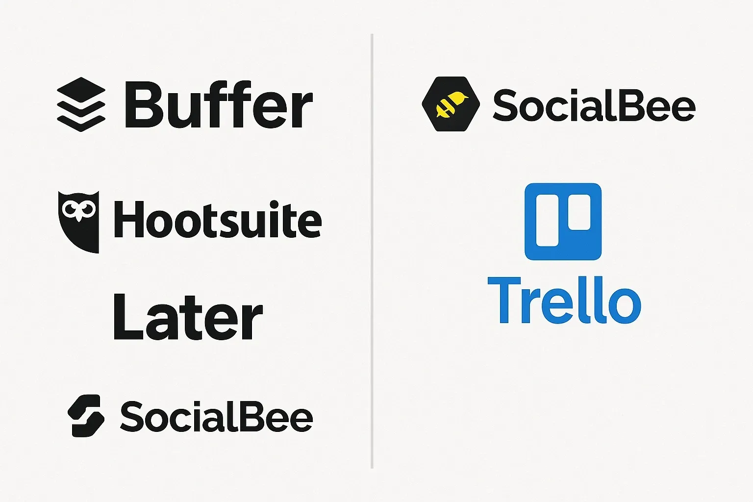 Visual comparison of Buffer, Hootsuite, Later, SocialBee, and Trello logos.