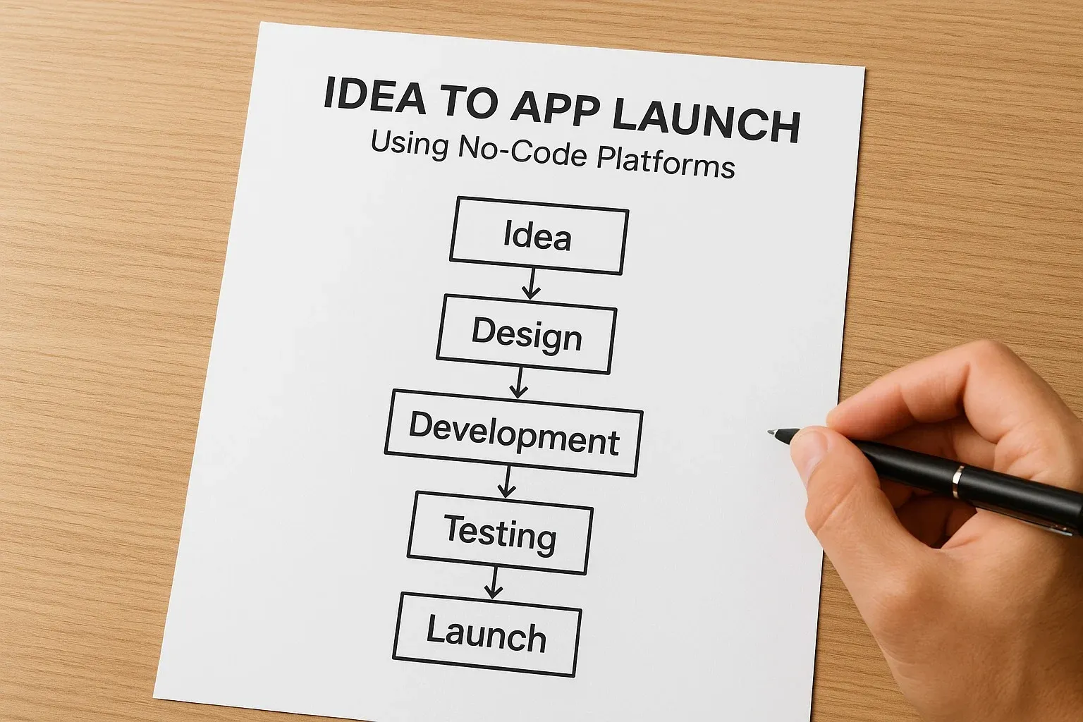 Flowchart showing stages from idea to app launch using no-code tools.

