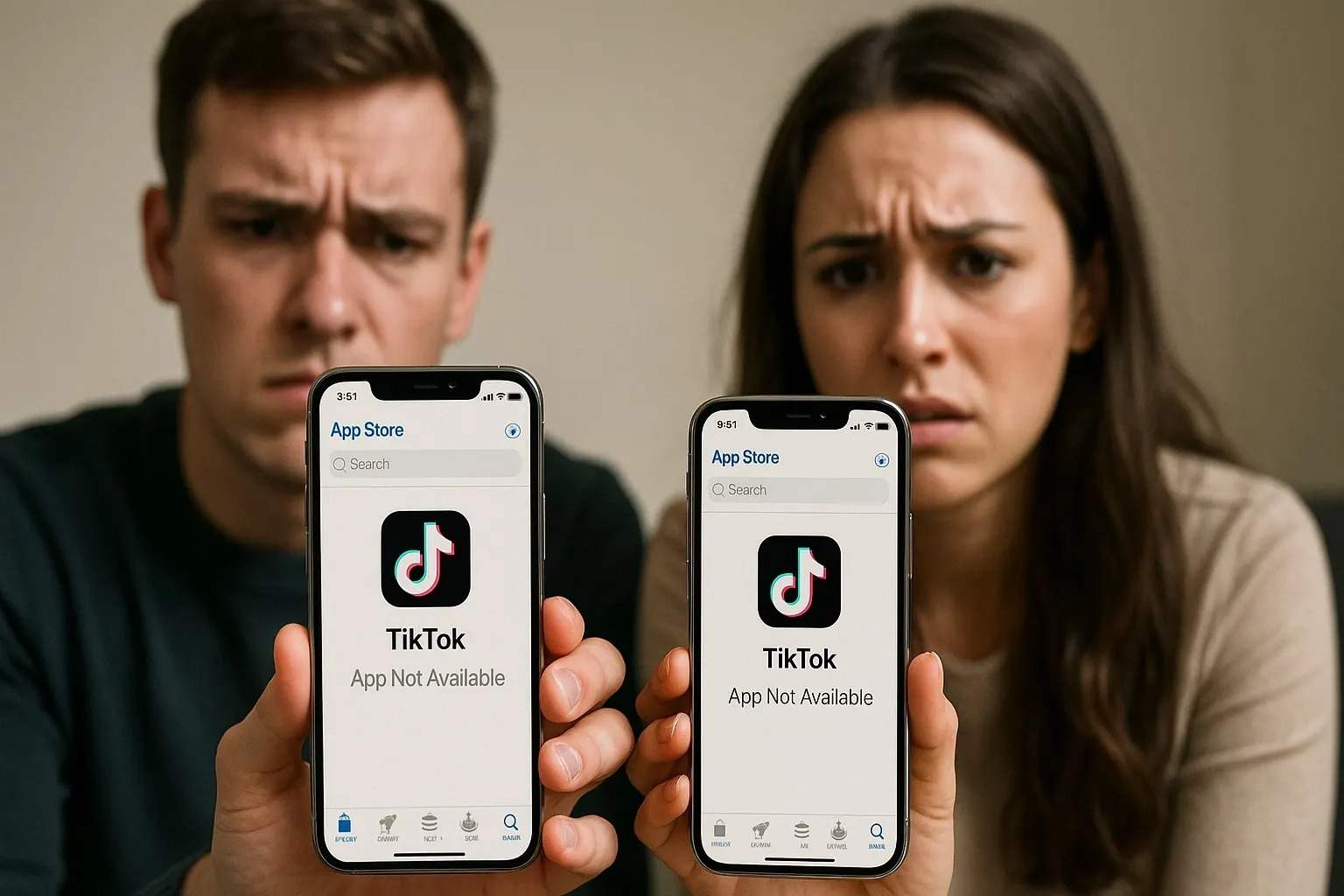 Frustrated users holding iPhones showing TikTok unavailable on the App Store,