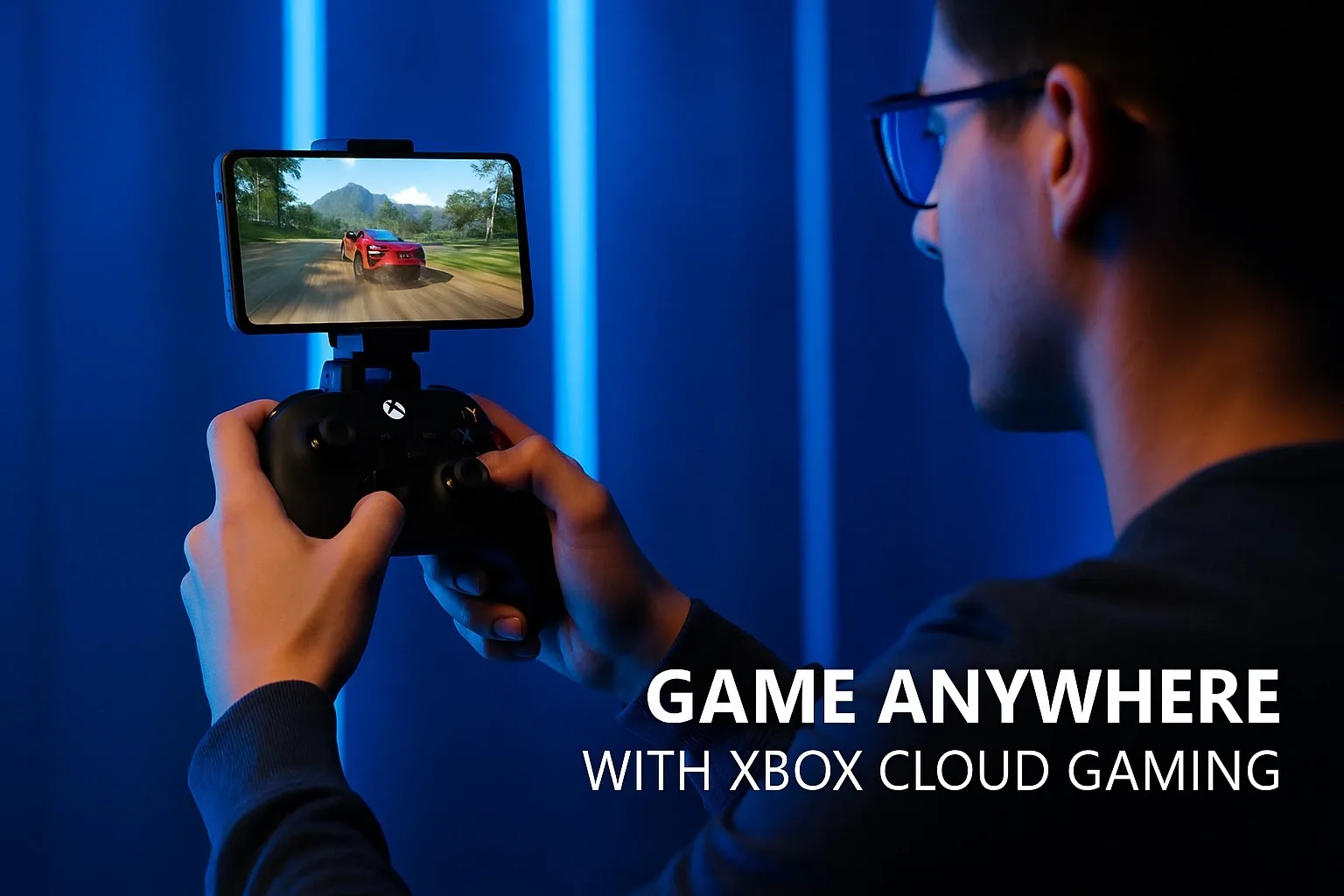 Gamer using Xbox Cloud Gaming on smartphone with controller