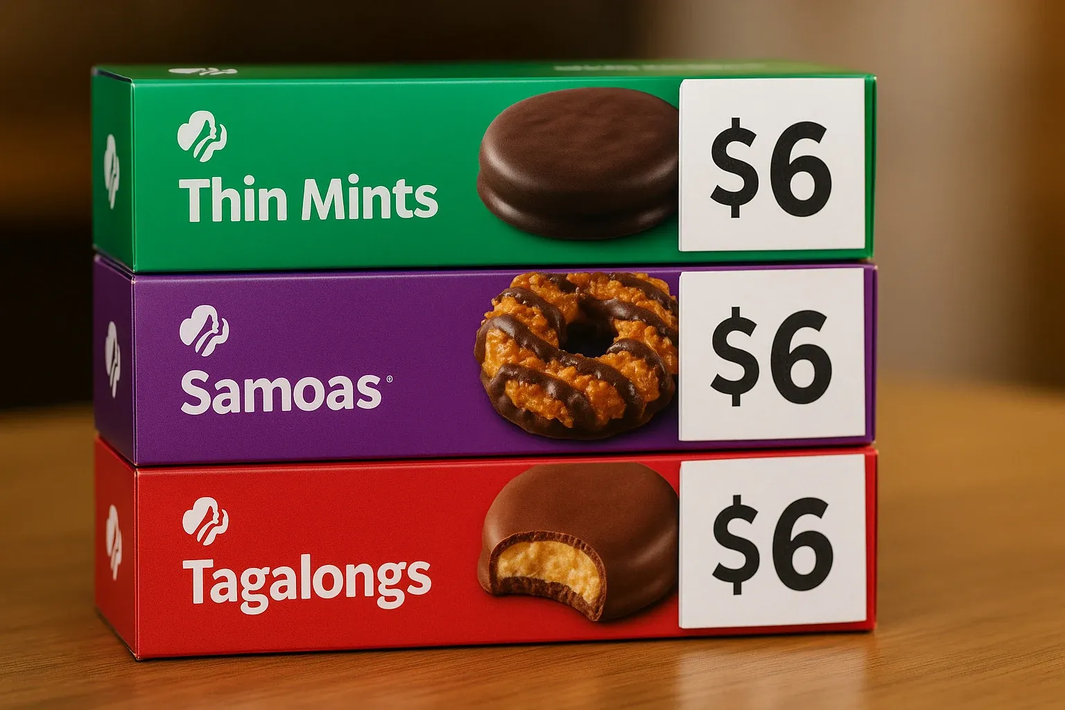 Girl Scouts selling cookies at booth with price signs