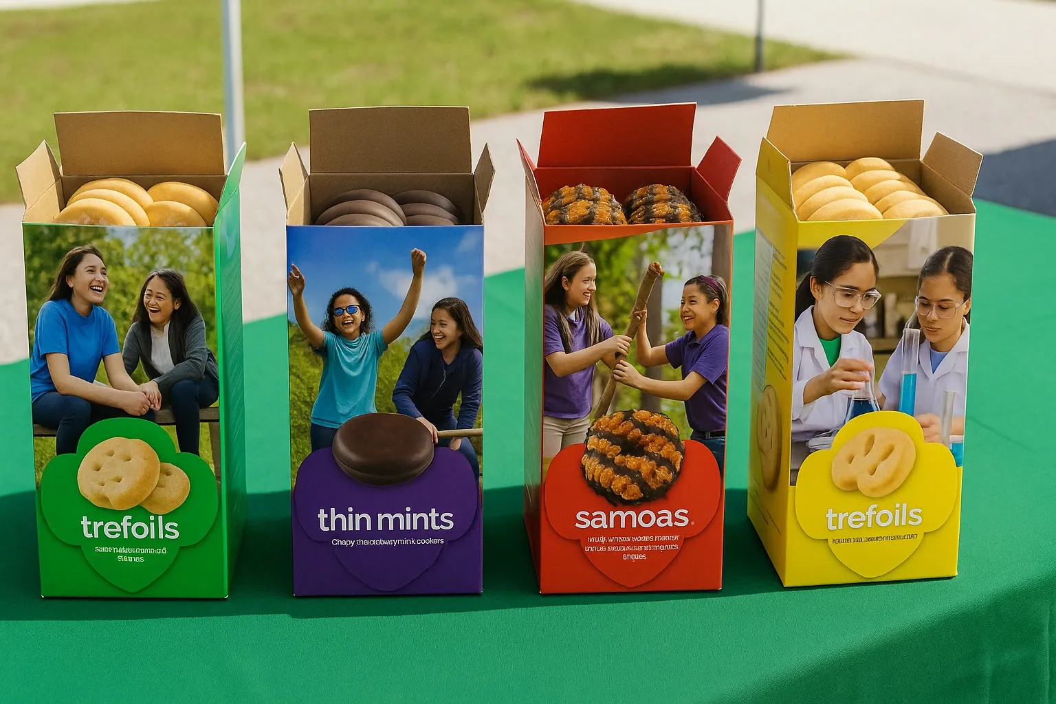 Girl Scouts outdoor booth selling cookies