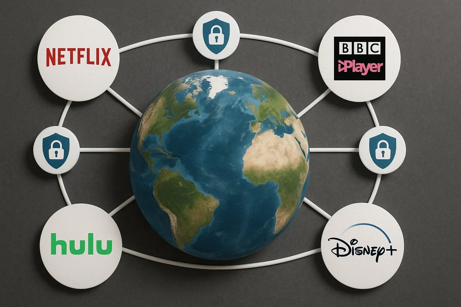 Globe showing streaming platforms connected by VPN nodes.