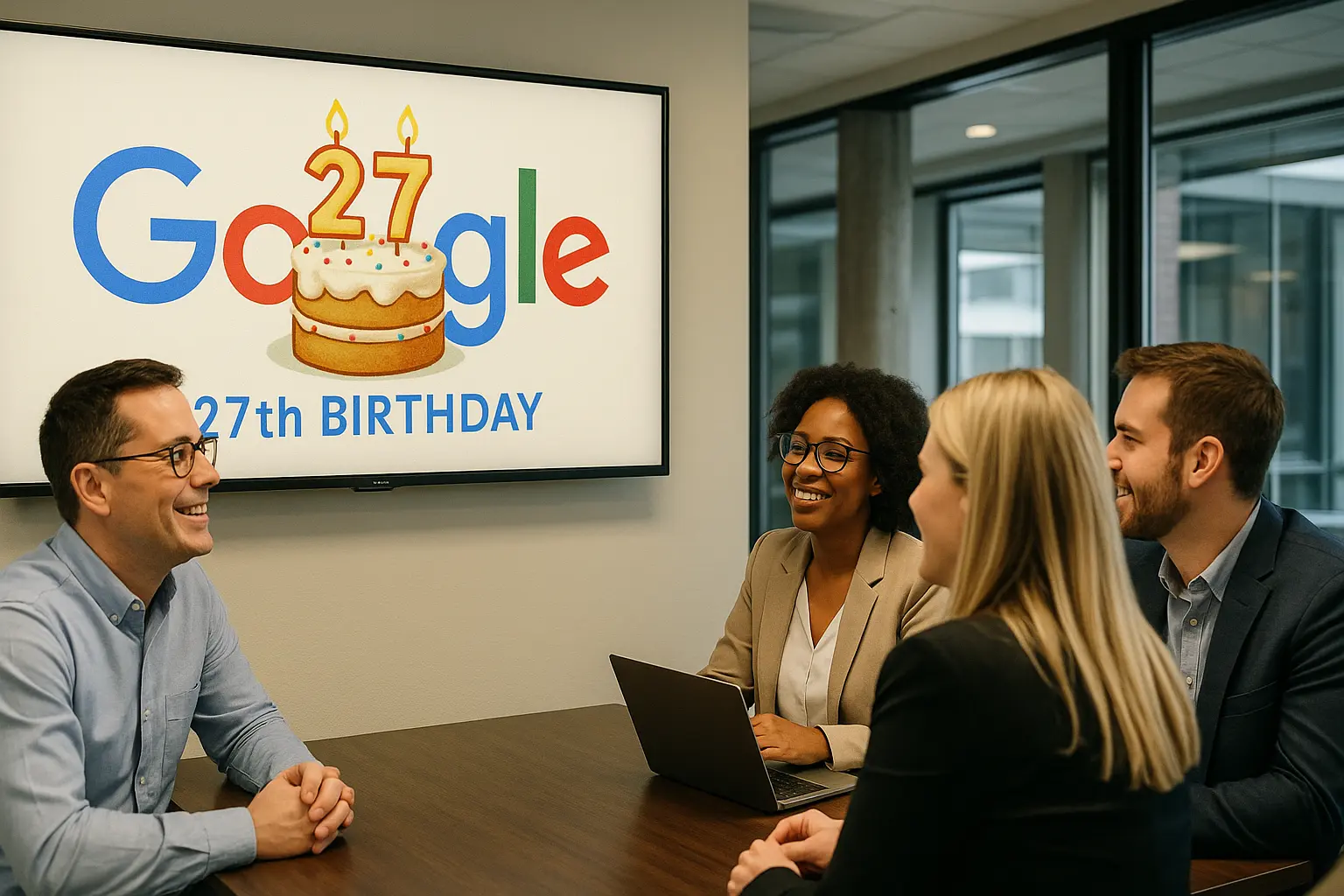 Google 27th birthday Doodle 2025 USA office screen.