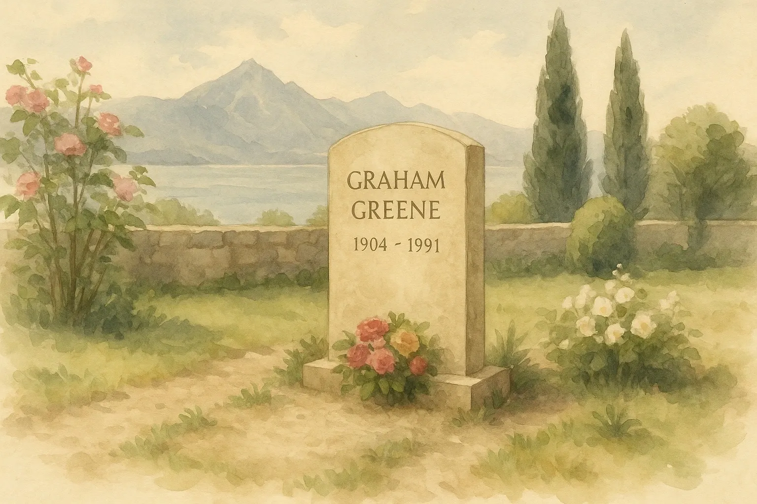 Watercolor illustration of Graham Greene’s grave in Vevey, Switzerland, with flowers and mountains in the background.