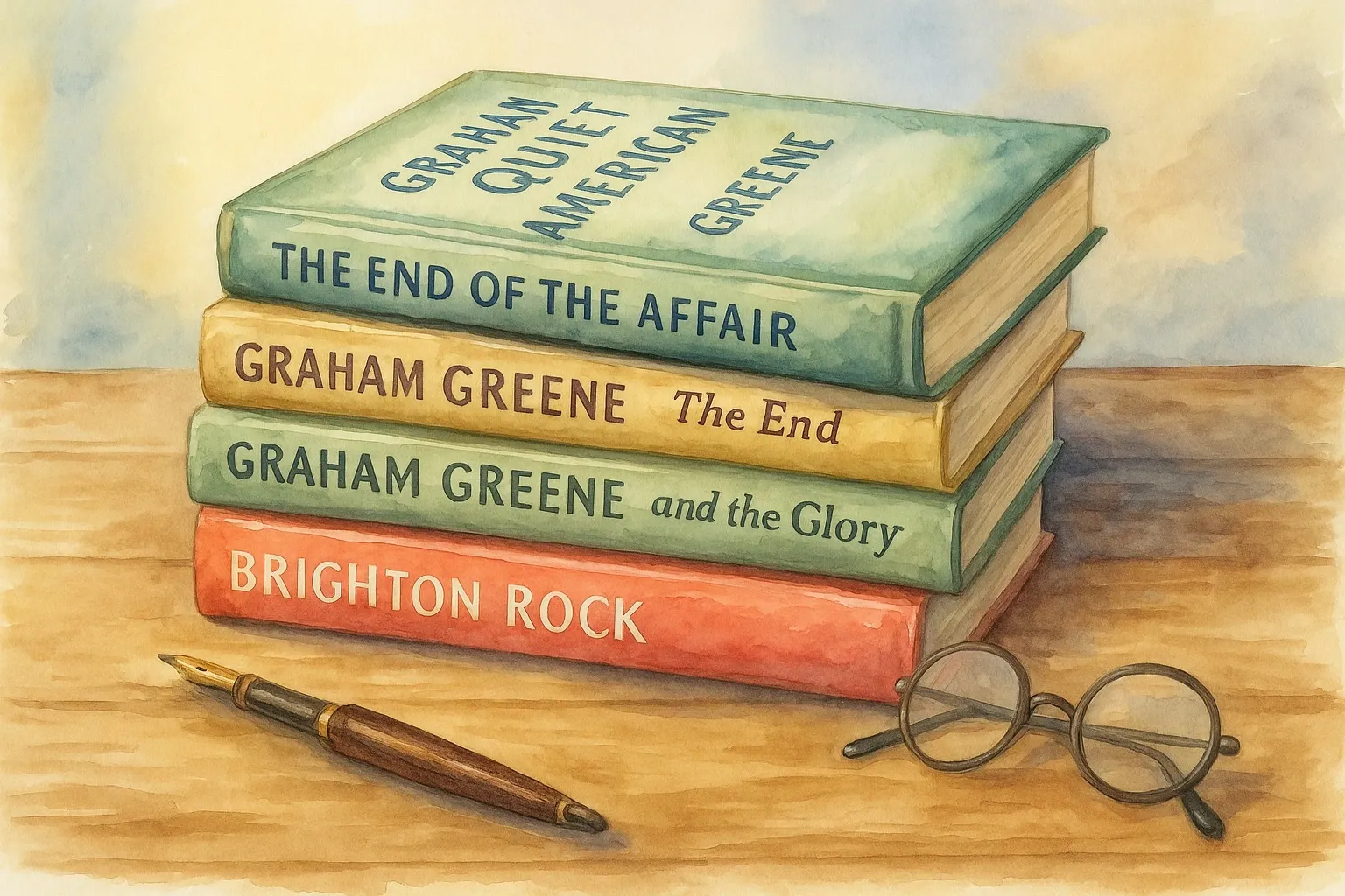 Watercolor illustration of Graham Greene’s novels stacked on a wooden table with a pen and glasses.