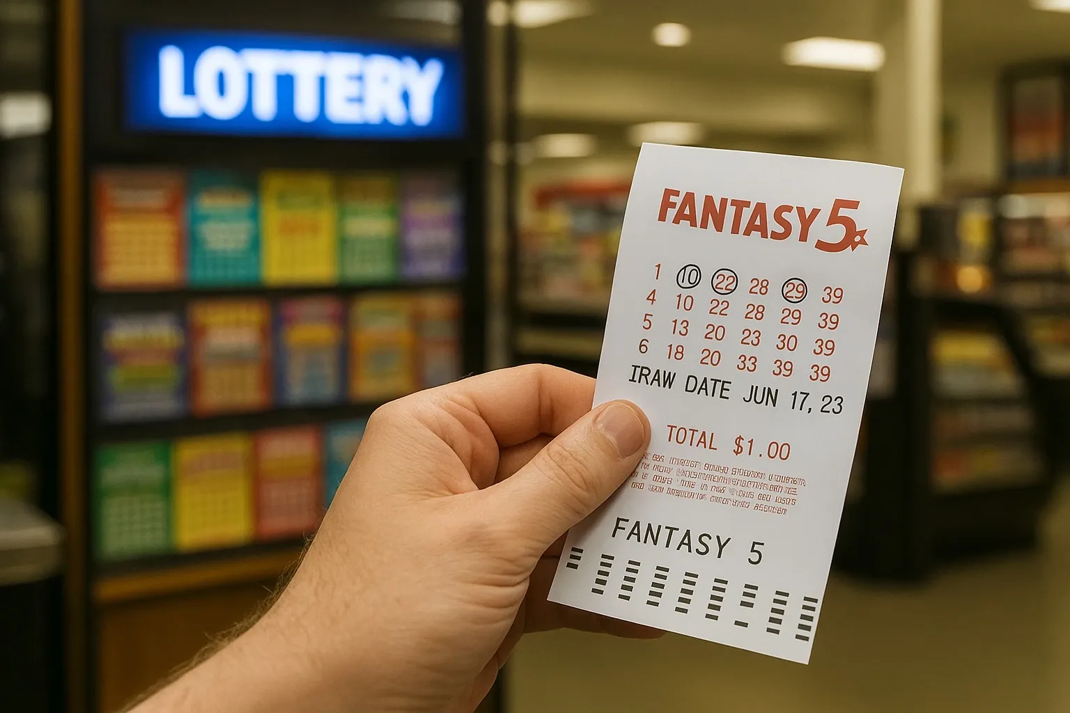 Hand holding a Fantasy 5 lottery ticket at a convenience store.