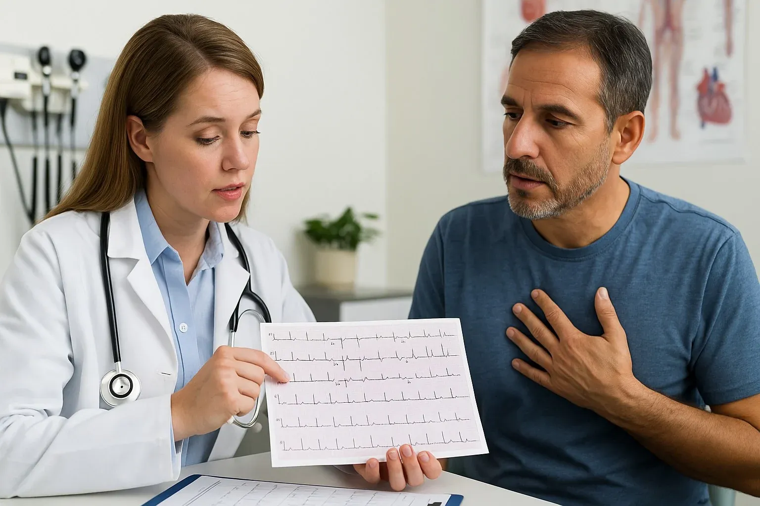 Doctor explaining heart complications of Chagas.