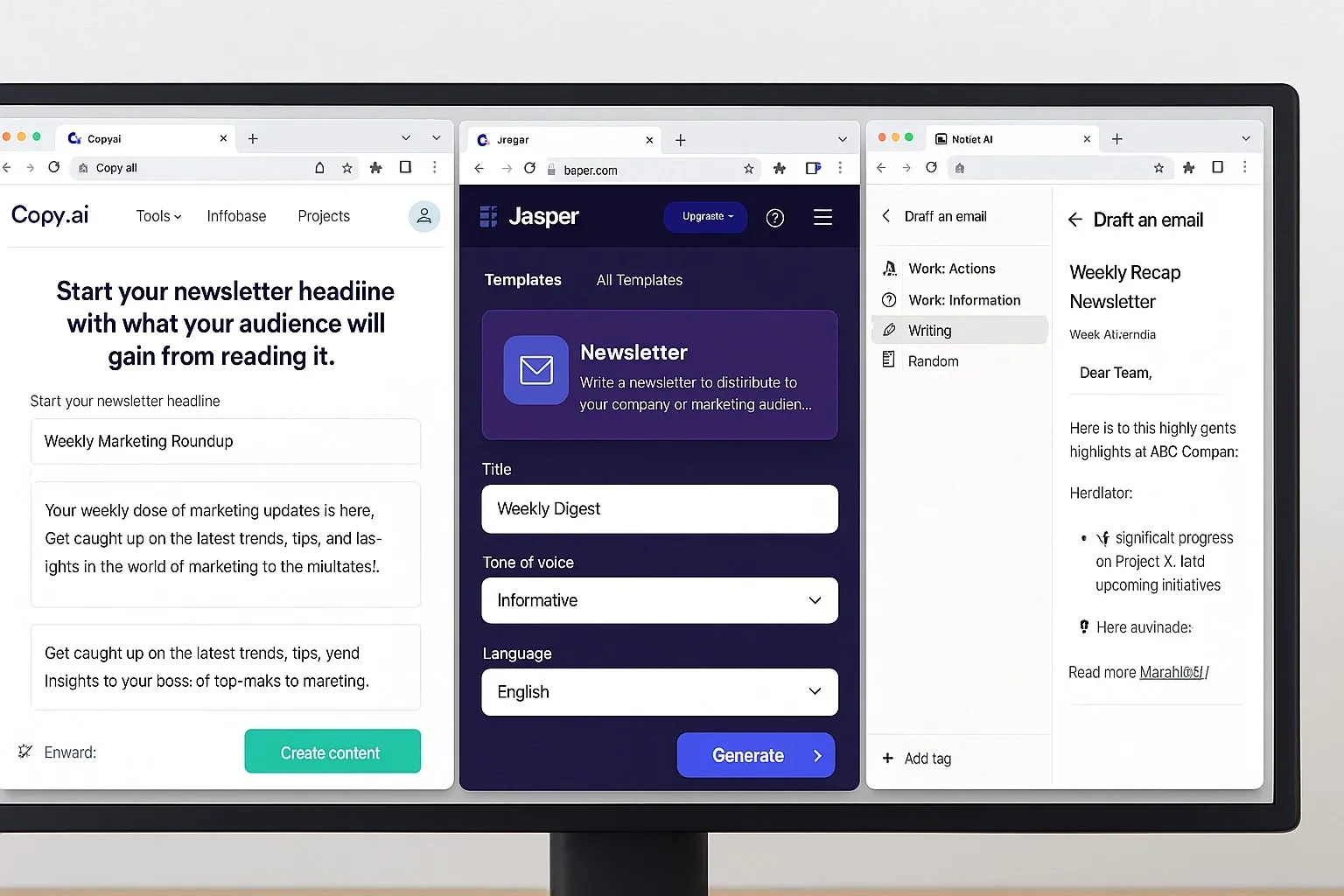 Different AI newsletter tools drafting content side by side.