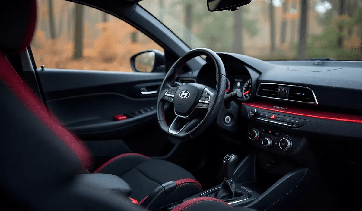 Hyundai i20 Knight Edition all-black interior with red accents