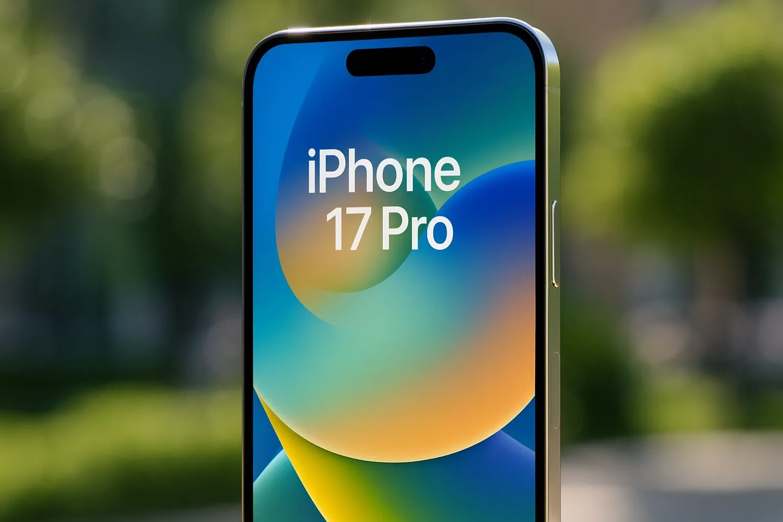 Close-up of iPhone 17 Pro screen glowing vividly outdoors in bright sunlight.