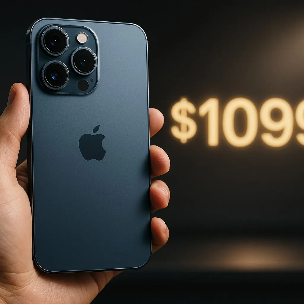 Lifestyle shot of a user holding the iPhone 17 Pro with $1,099 price glowing in the background.