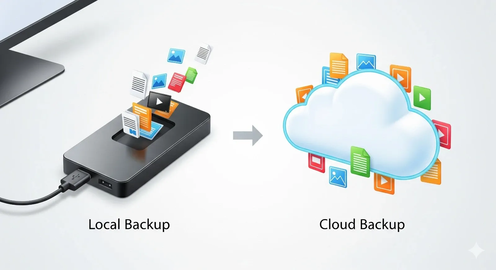 Visual comparison of local external drive backup vs cloud-based backup.