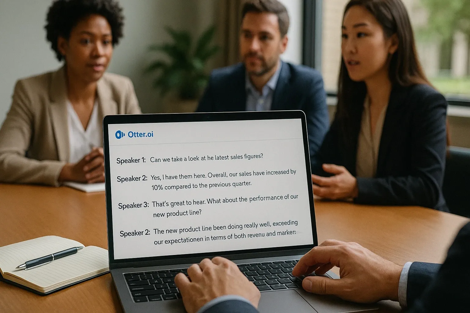 Laptop screen showing Otter.ai transcribing a meeting