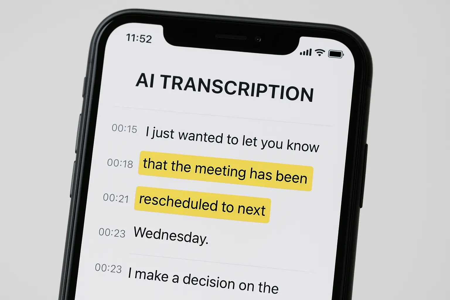 Smartphone displaying AI-powered transcription app with highlighted text.