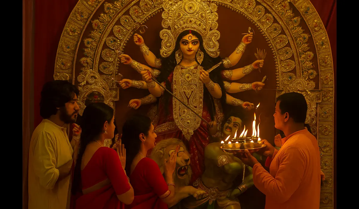 Devotees performing aarti in front of a Durga idol during Navratri