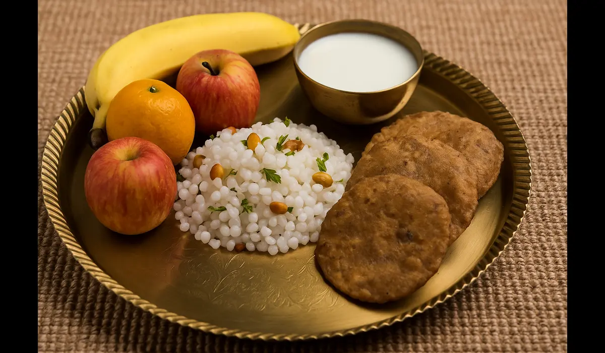 Traditional Navratri fasting thali with fruits, sabudana khichdi, and kuttu puri