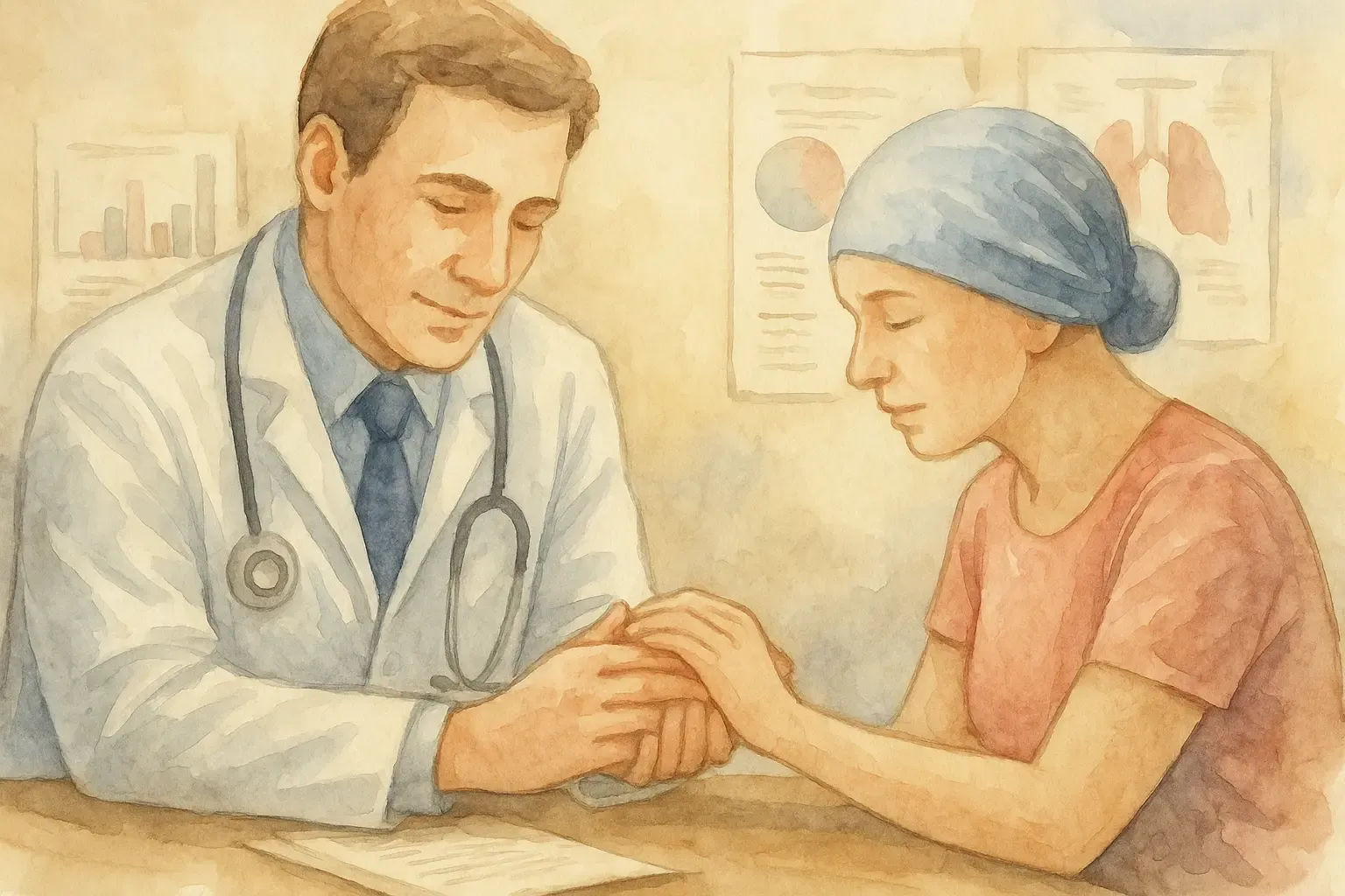 Watercolor illustration of doctor holding a cancer patient’s hand during consultation, symbolizing empathy and palliative care.