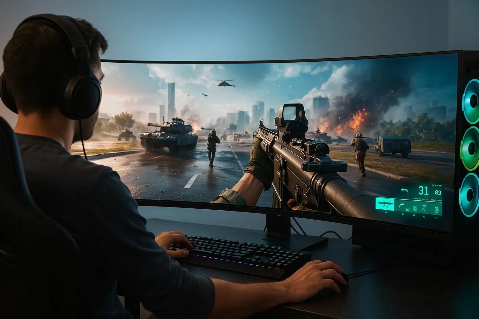 PC gamer playing Battlefield with immersive setup.