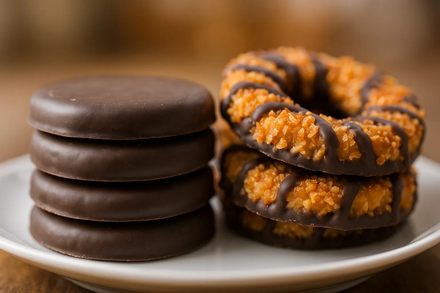 Thin Mints and Samoas on a white plate