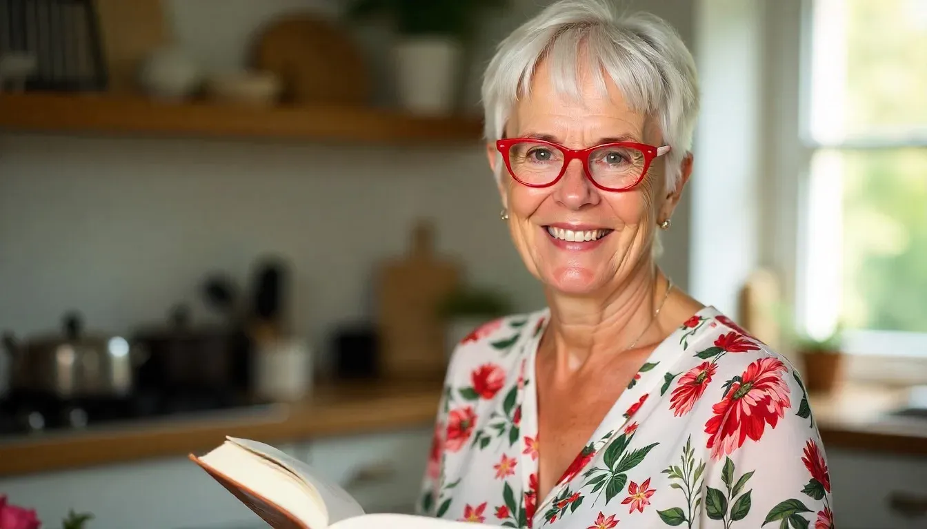Prue Leith in bright glasses holding a cookbook.