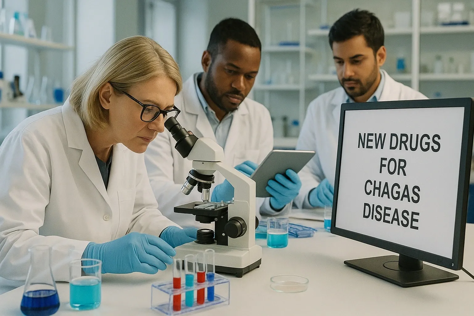 Scientists testing new Chagas disease treatment options in lab.