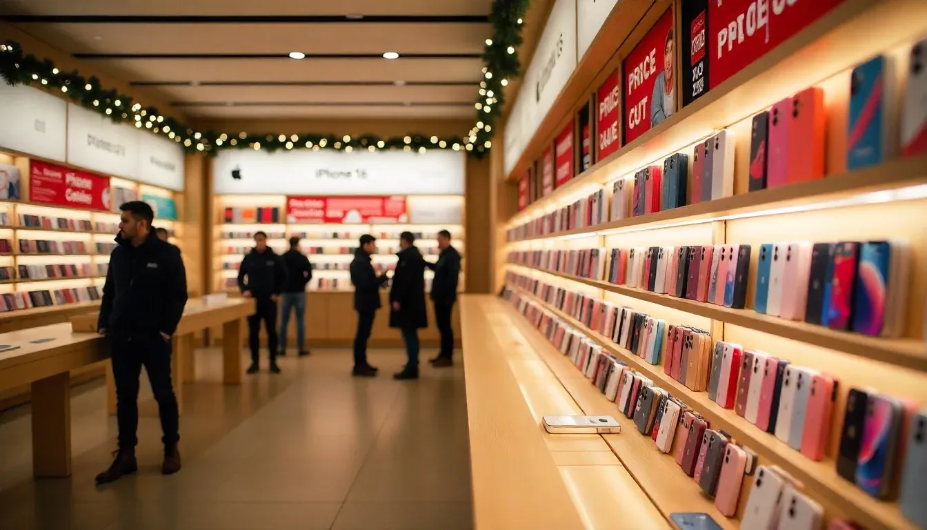 Apple Store display showing iPhone 16 price cut promotions.