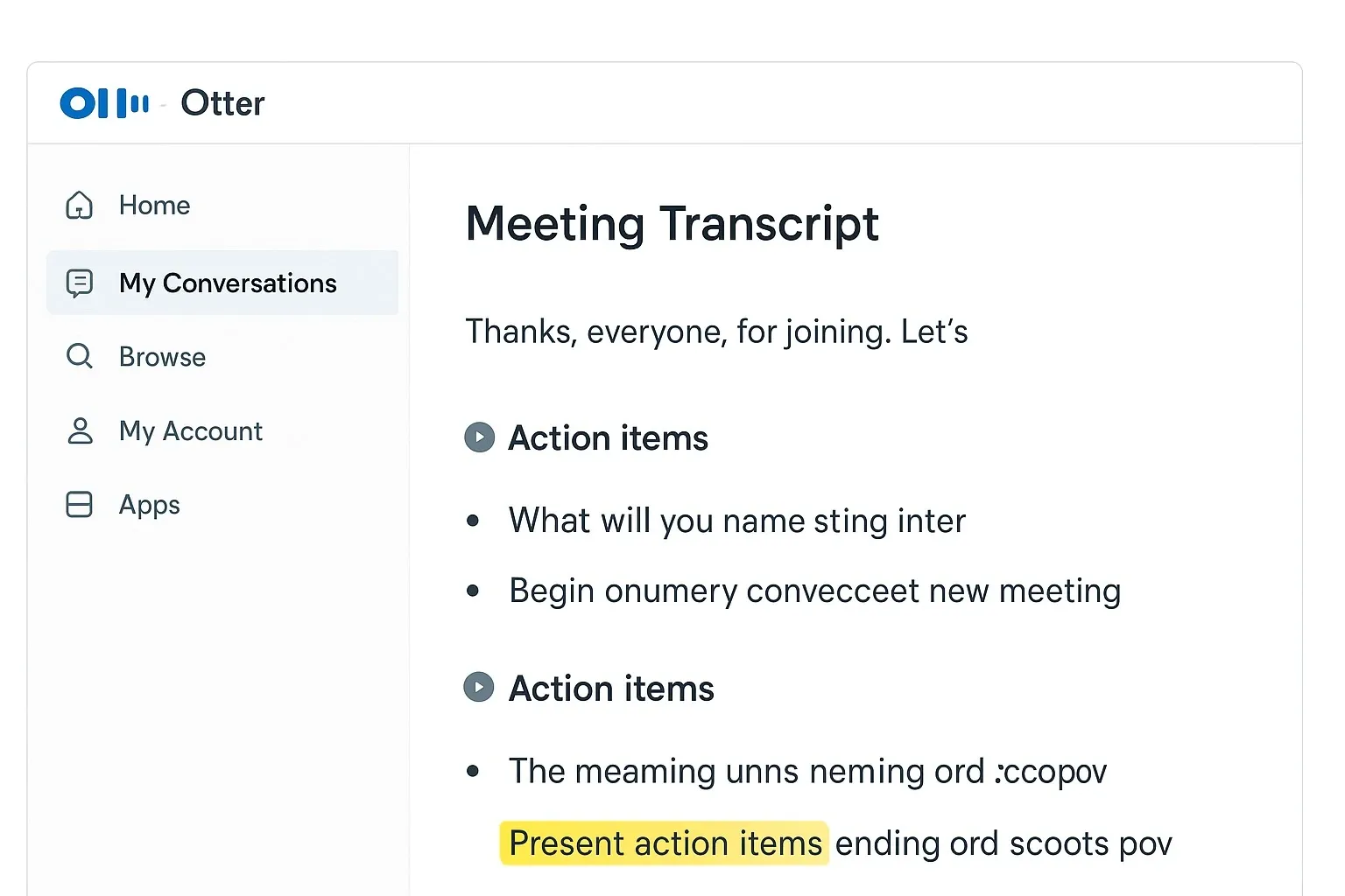 Otter.ai tool showing highlighted meeting action items.
