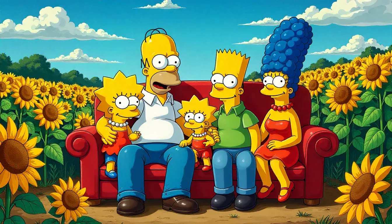 Animated Simpsons family on the couch in their iconic pose.