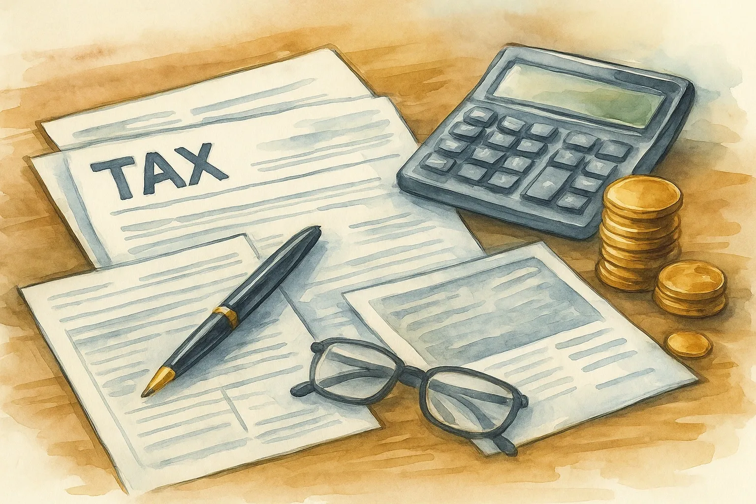 Watercolor illustration of tax forms, calculator, pen, and coins on a wooden table representing tax-saving strategies.