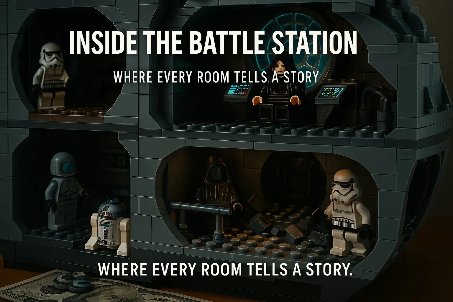 Detailed interior scenes inside the Lego Death Star diorama.