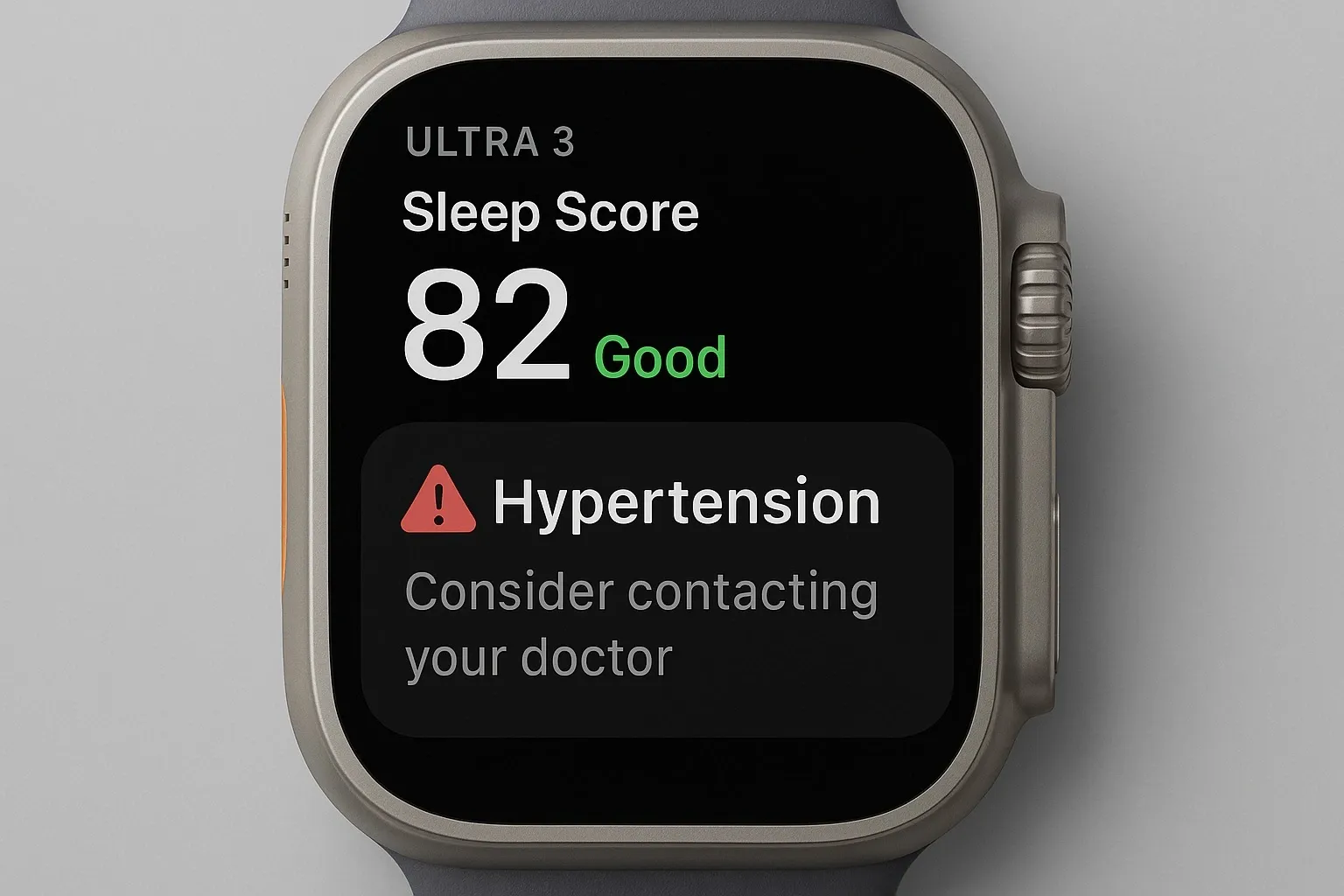 Apple Watch Ultra 3 showing sleep score and hypertension notification.