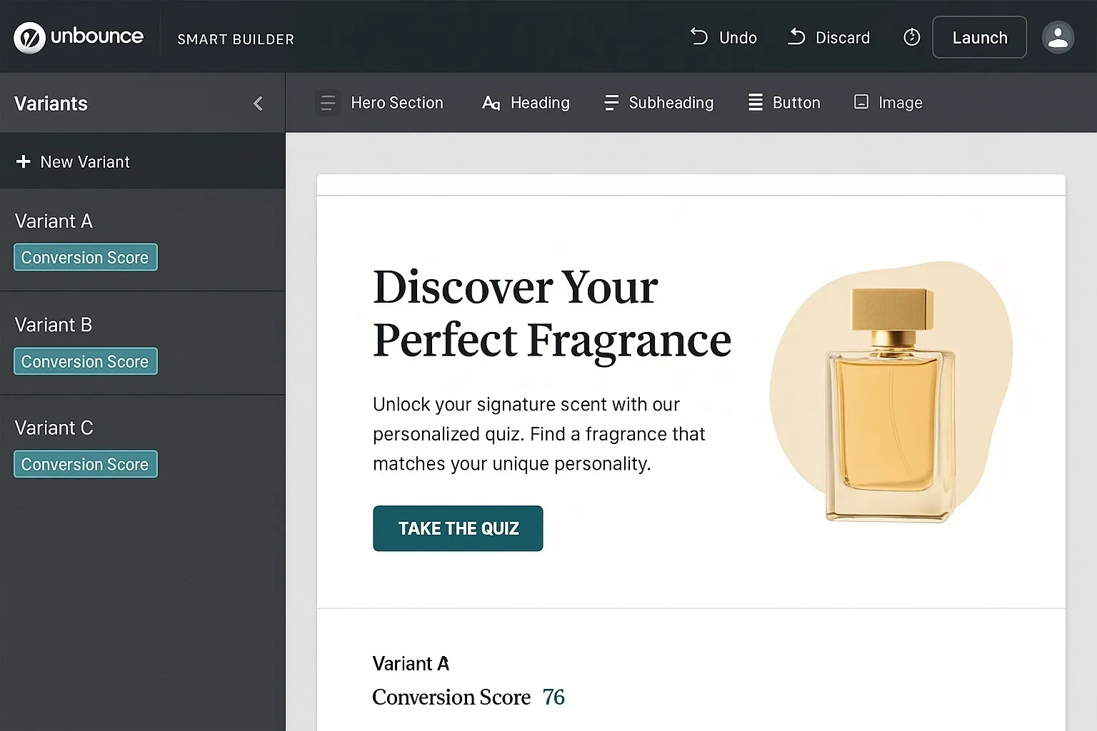 Unbounce Smart Builder showing AI-generated landing page variants.