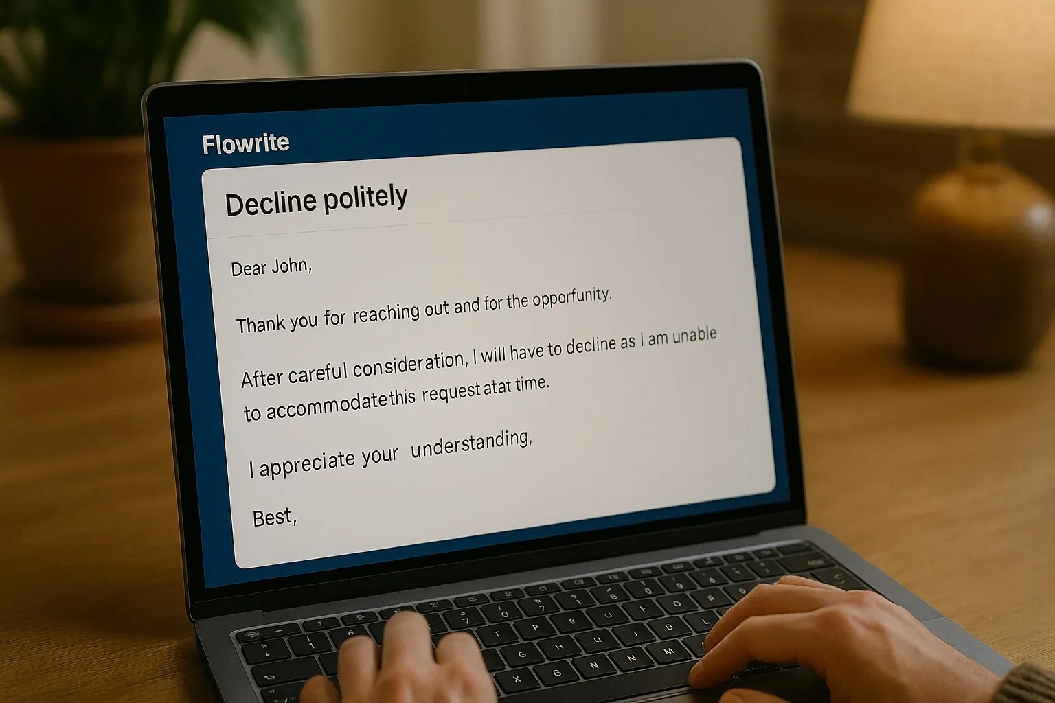 Flowrite generating a polite email from a short command.