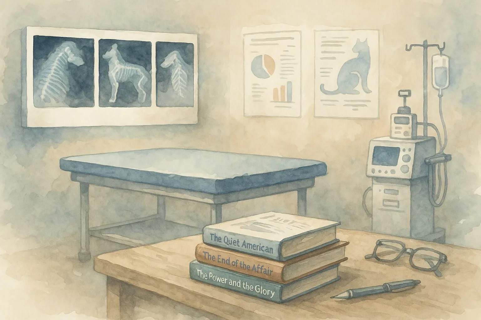 Watercolor illustration of veterinary oncology equipment with exam table, X-ray scans, and charts, representing pet cancer care.