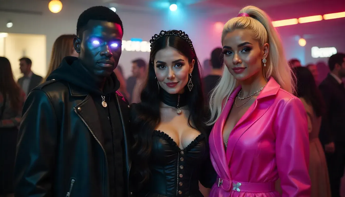 Couple in Barbie pink outfit and Oppenheimer suit as Barbenheimer Halloween costume idea 2025