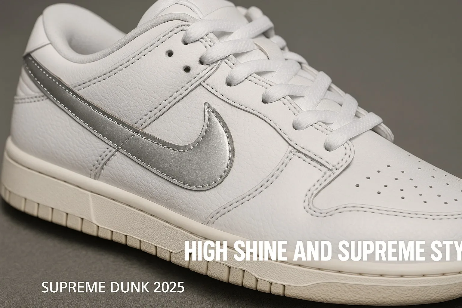 White Supreme Dunks 2025 with reflective Swoosh and branding