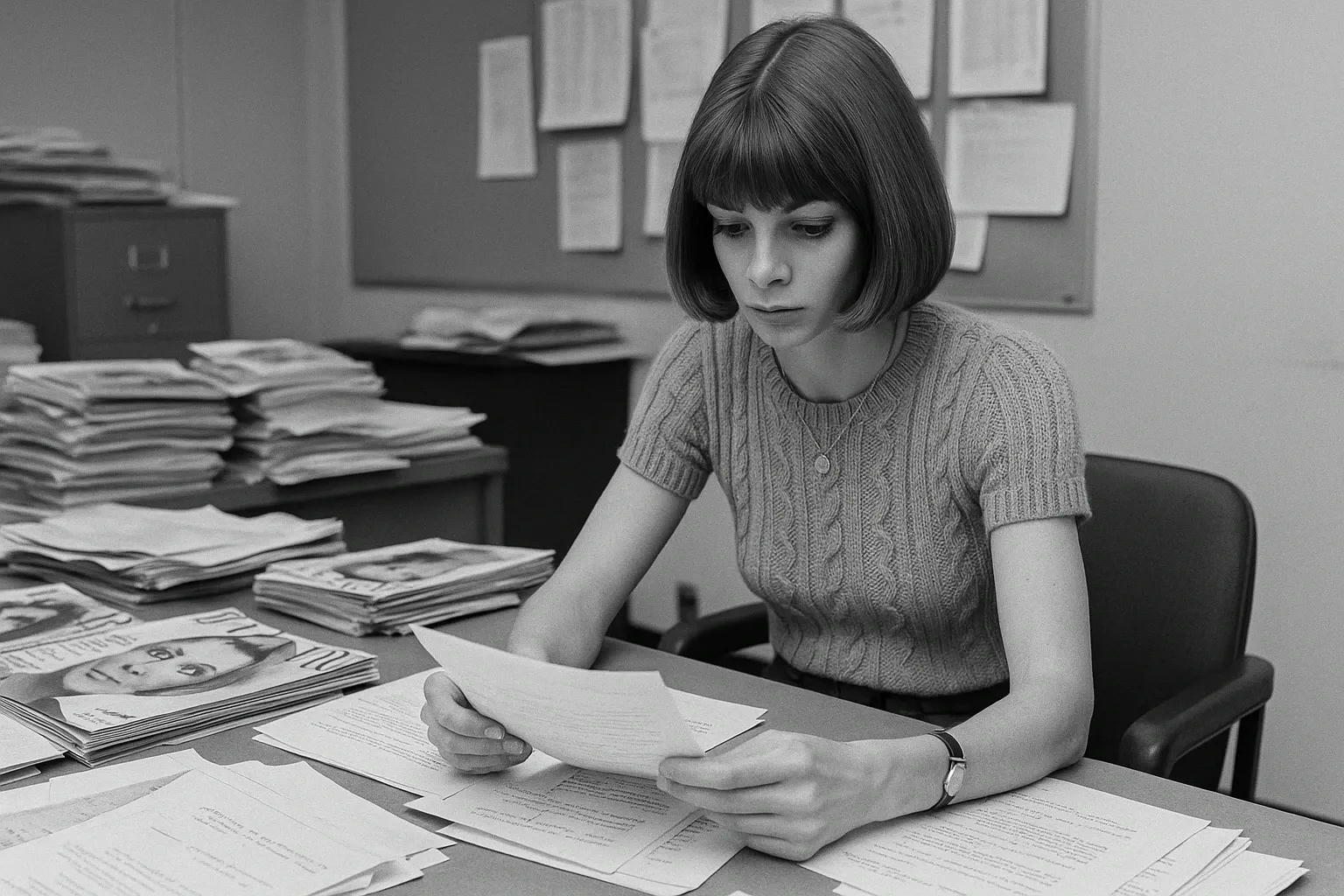 Vintage black-and-white photograph of young Anna Wintour working in an editorial office in the 1970s surrounded by fashion magazines.
