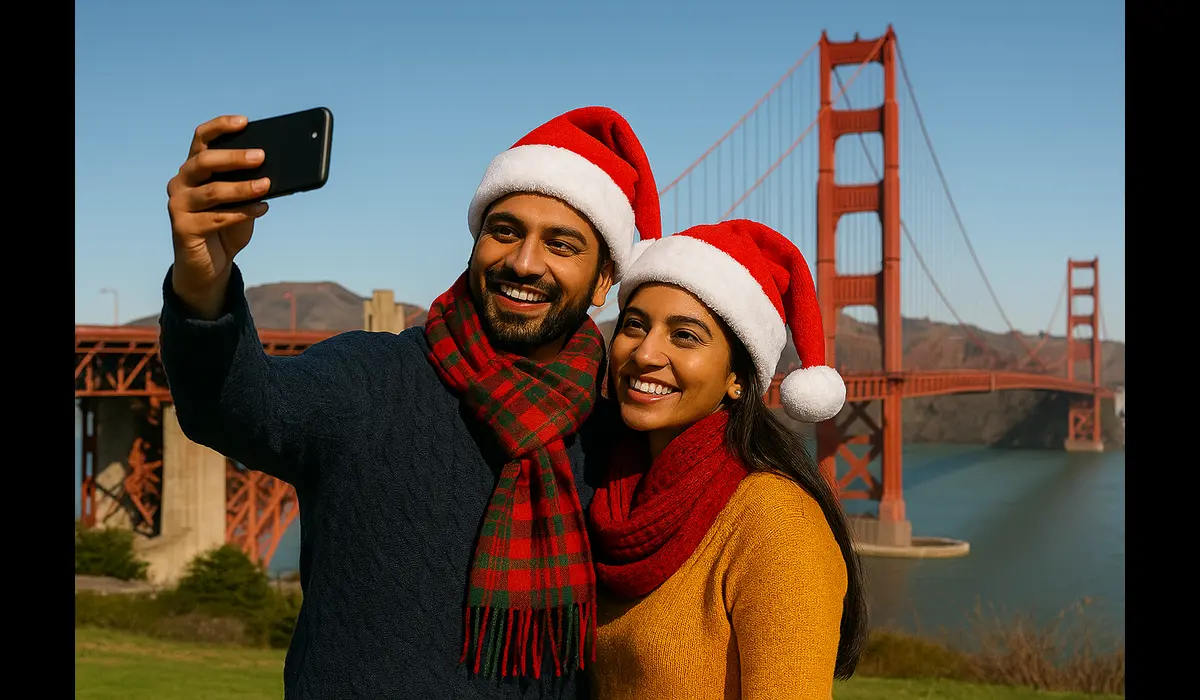 Affordable Christmas vacation packages in USA — Indian couple celebrating near Golden Gate Bridge, San Francisco.
