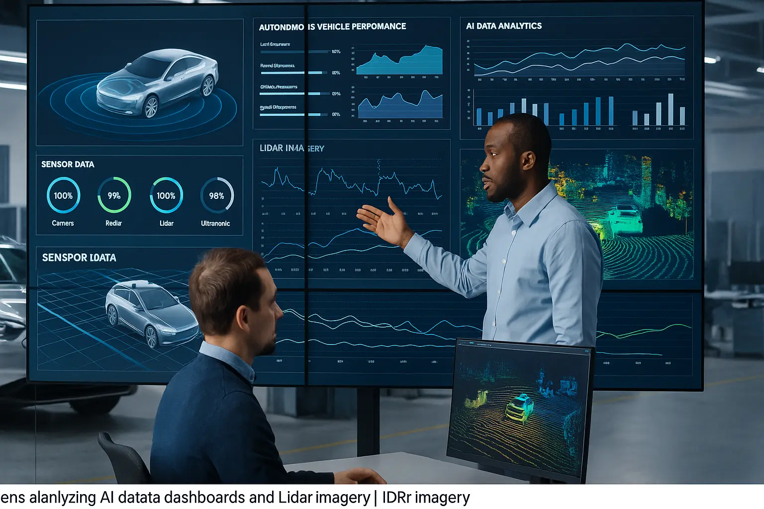 AI automotive engineers analyzing autonomous driving data.