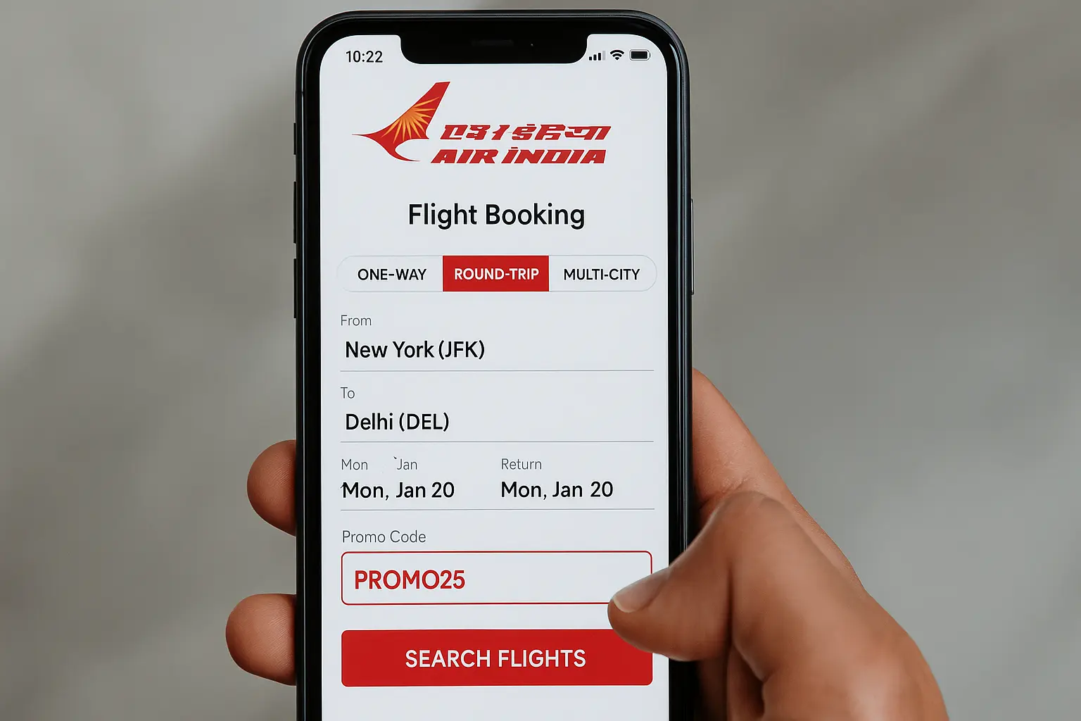 Booking best Air India flight deals USA to India 2025 using mobile app.