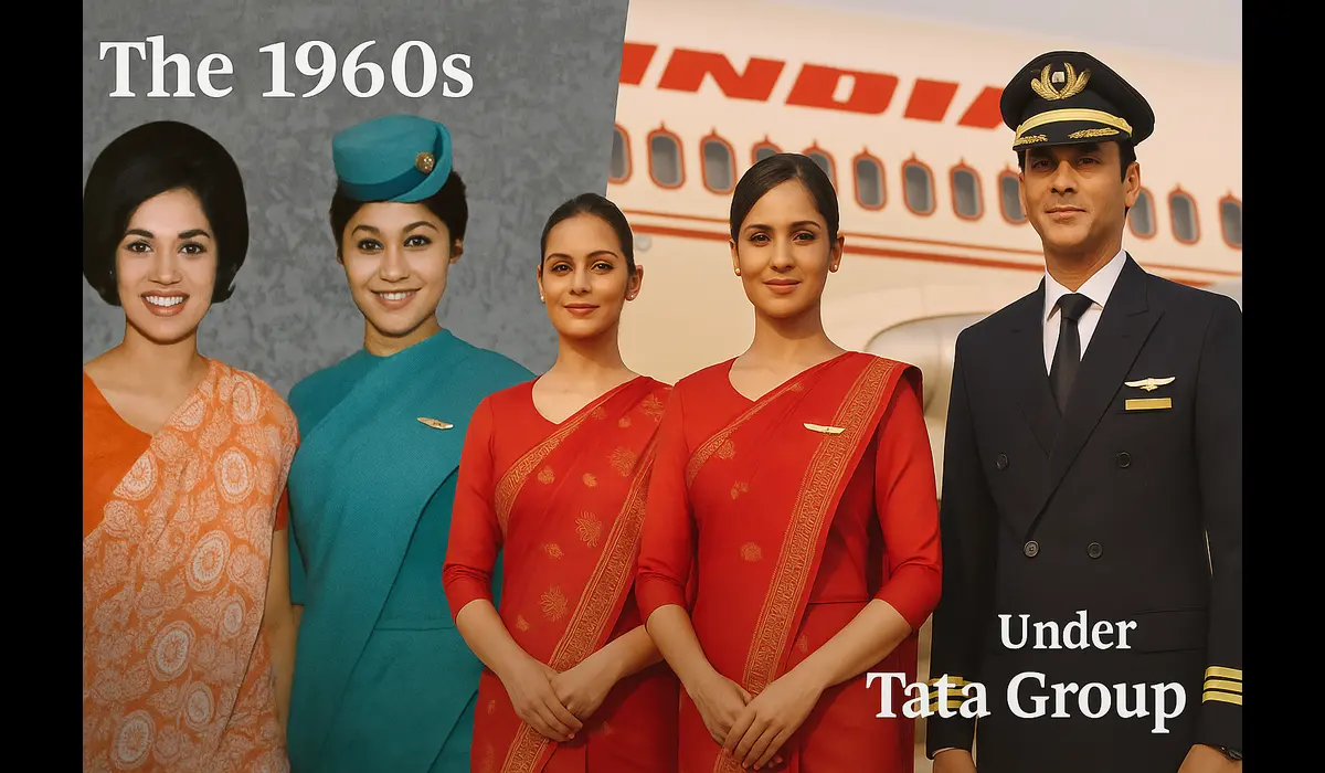Air India pilot and crew in new uniforms walking through airport terminal.