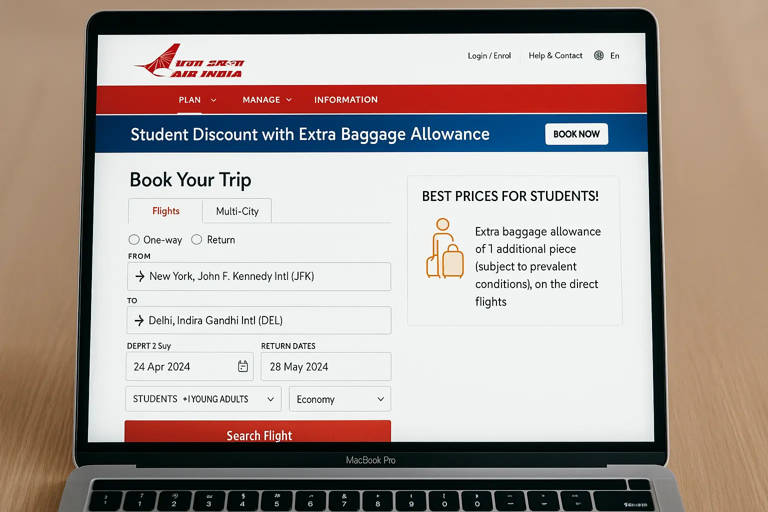Air India student discount booking without hidden charges.