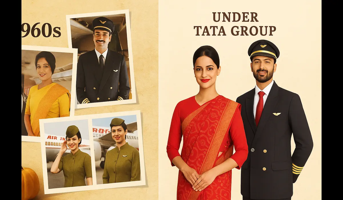 Comparison of vintage and modern Air India uniforms.