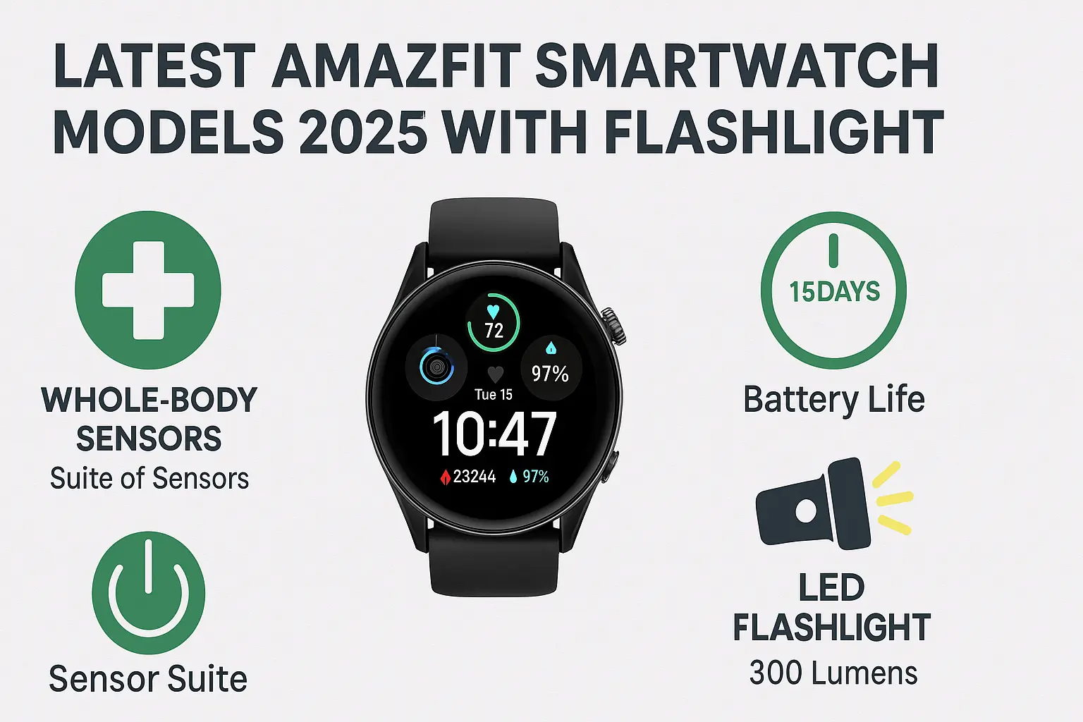 latest amazfit smartwatch models 2025 with flashlight infographic