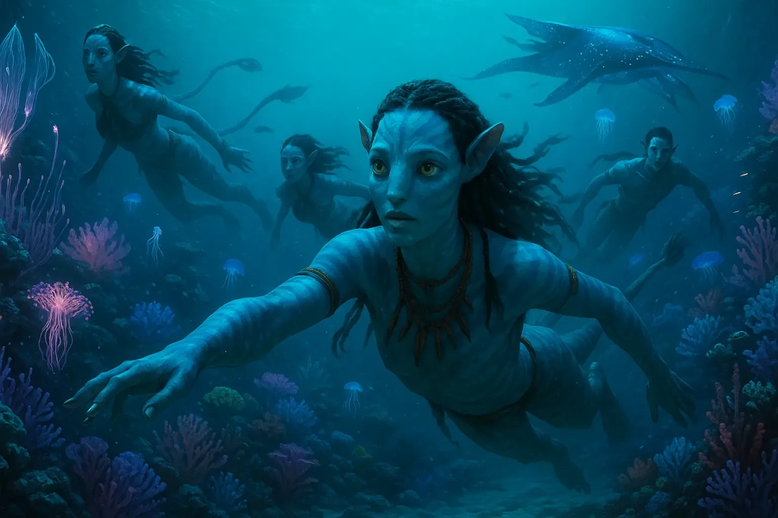 Na’vi divers gliding through coral reefs with bioluminescent creatures.