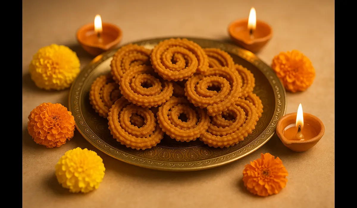 Healthy Diwali food recipes baked chakli on festive plate.