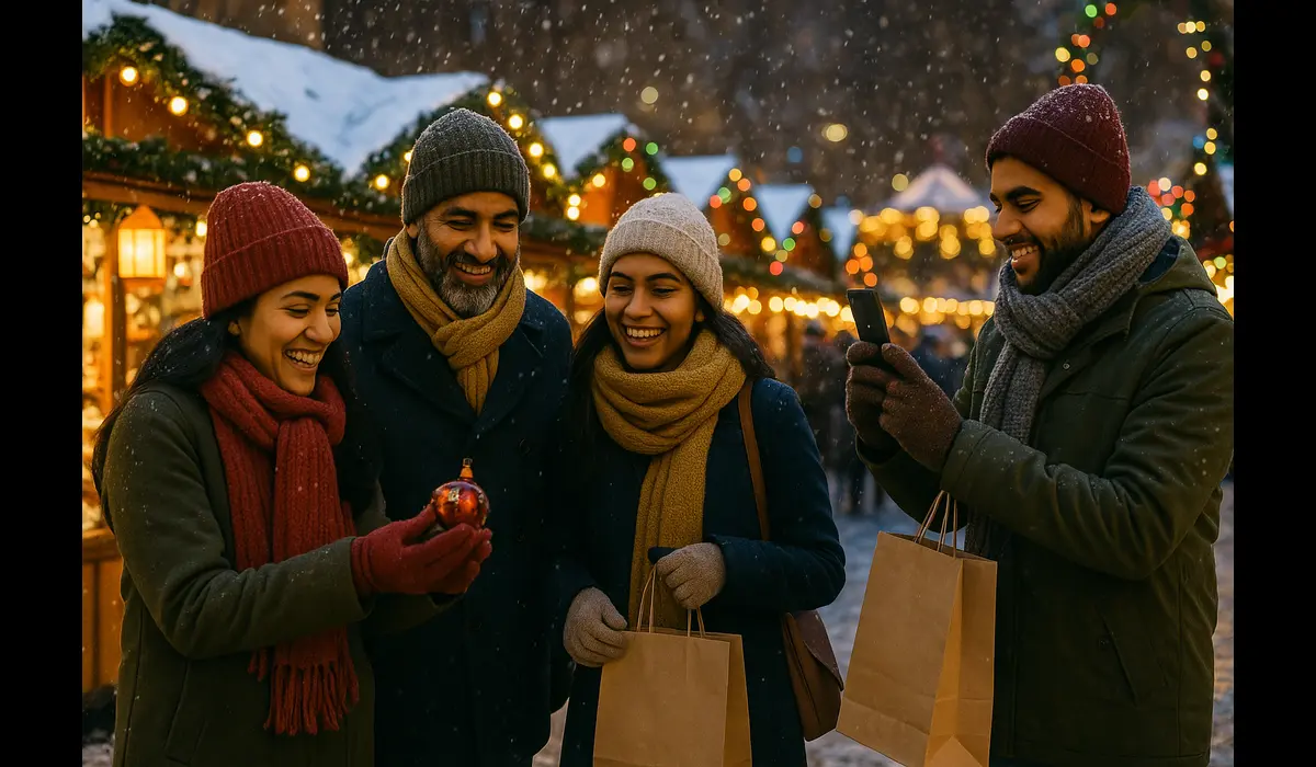 Indian travelers shopping at Chicago Christmas Market in USA.